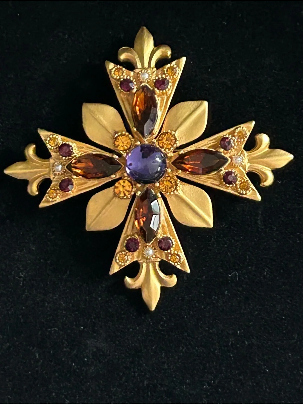 Maltese Cross with Fleur de Lis Brooch Rhinestone Purple Brown Gold Signed